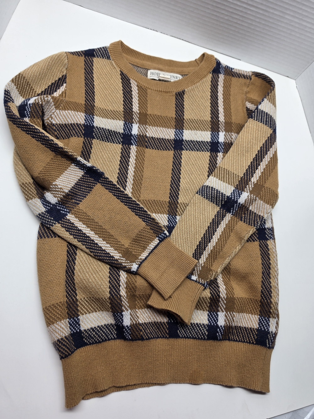 Kids Tan Plaid Crewneck Sweater - Holt Renfrew